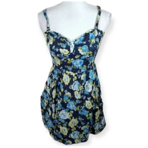 ABERCROMBIE & FITCH NAVY W/BLUE & YELLOW FLORAL DRESS SZ.M EUC. - Picture 1 of 7